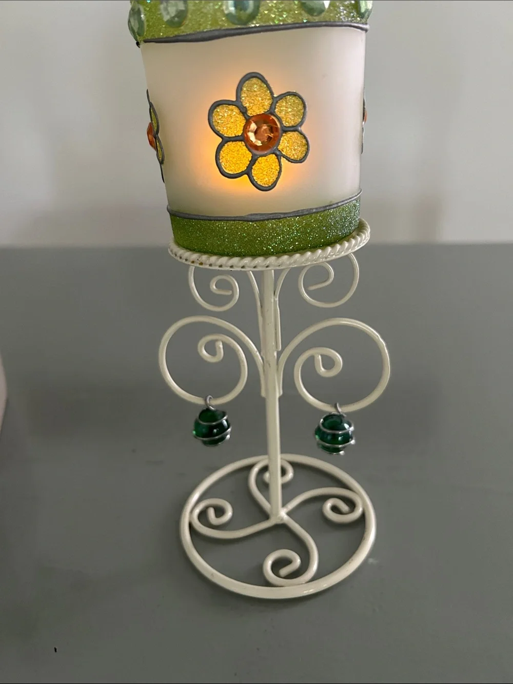 Tea Light green flowered candle holder with green gems H 8.5 inches